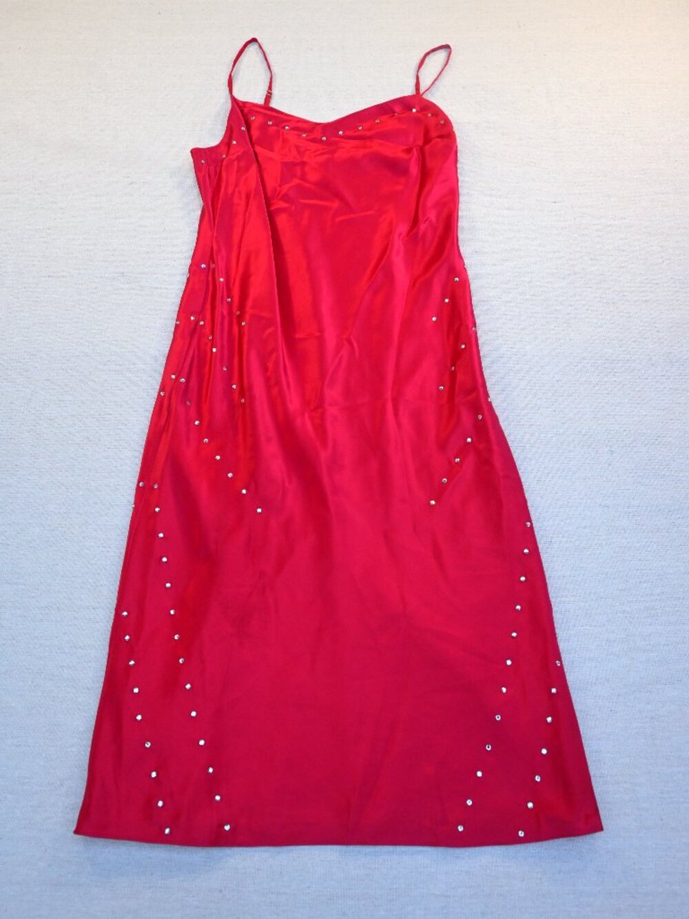 Moda International Red Satin Midi Dress with Stud Embellishments